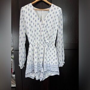 White and Blue Floral Long Sleeve Romper